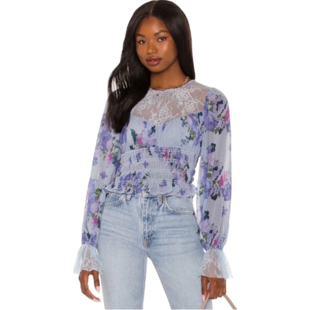 Free People Daphne Floral Lace Blouse Blue Combo NWT Small - Picture 5 of 13